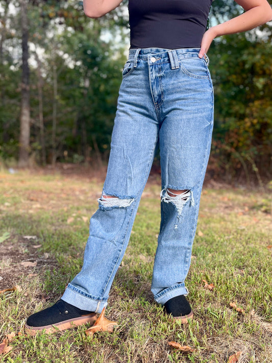 Kancan High Rise 90’s Criss Cross Straight Jeans